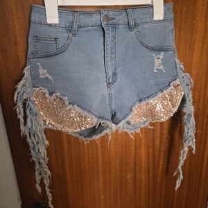 Stylish Blue Denim Shorts with Gold Sequin Accents